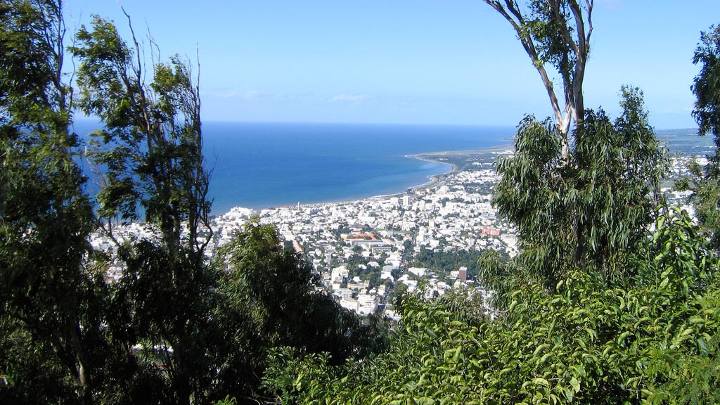 vue d'une ville au bord de la mer depuis les hauteurs d'une colline boisée