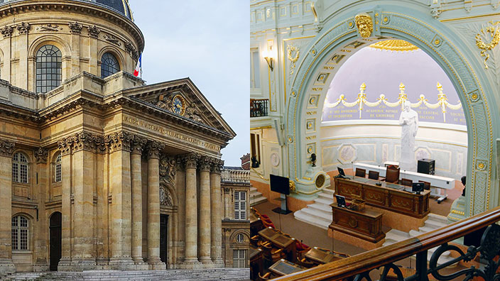 Montage représentant la façade de l'Institut de France et l'intérieur de l'amphitéâtre de l'Académie de médecine